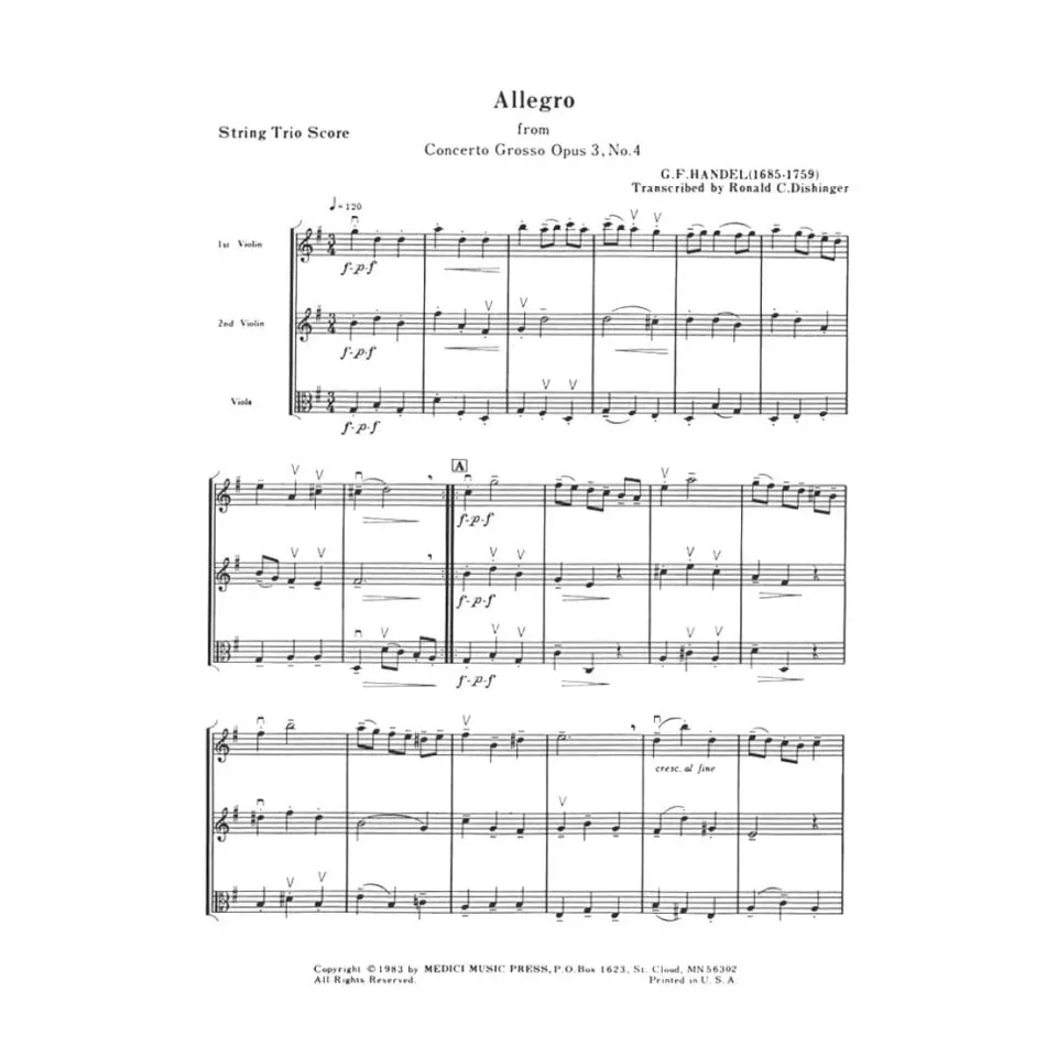 Händel Allegro Concerto grosso Op.3 Nr.4 2 Violinen Viola Trio