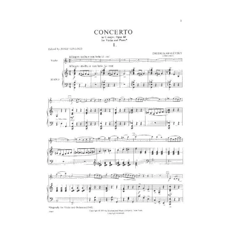 International Kabalevsky Konzert C-Dur op.48 Noten Violine Klavier