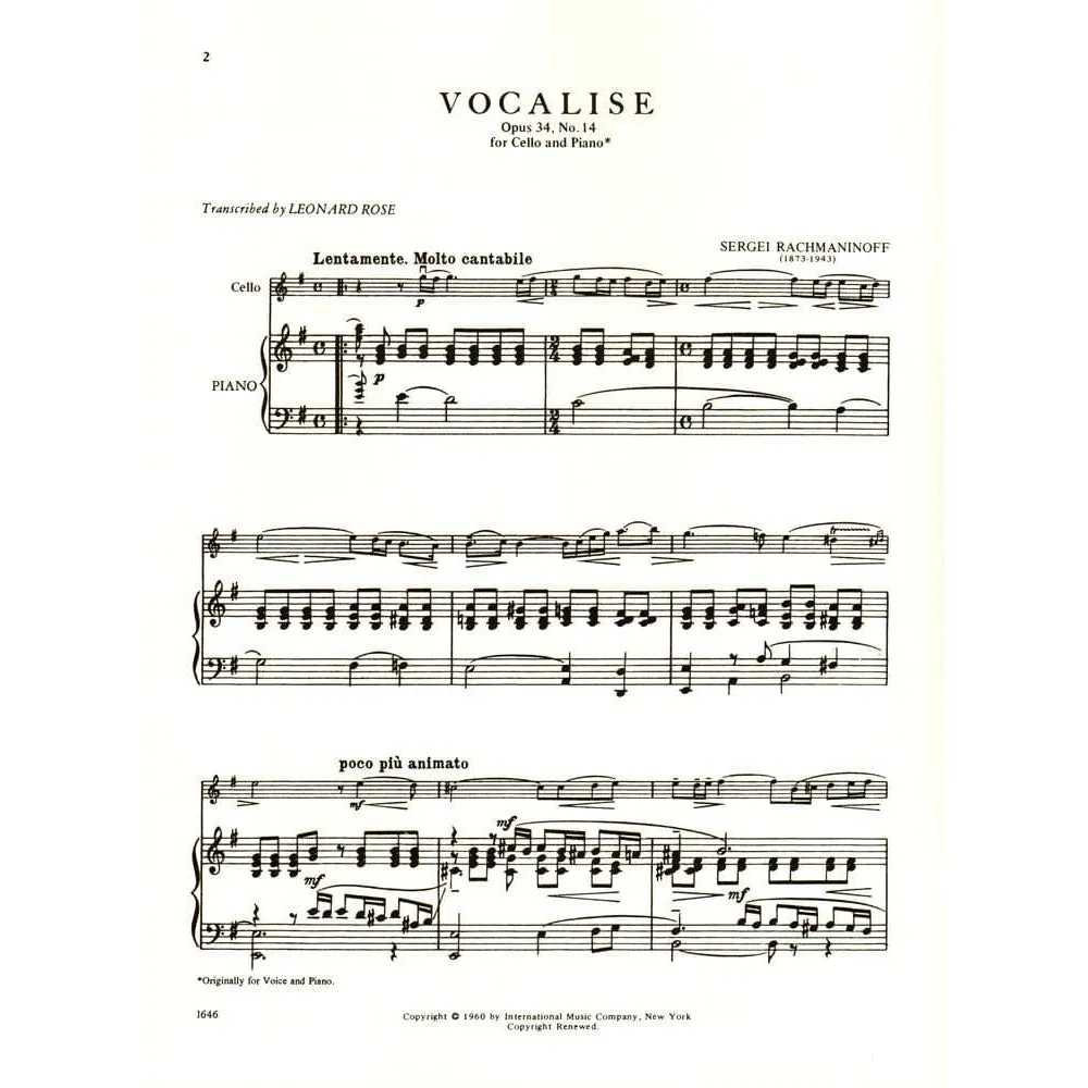 Shar Music Rachmaninoff Vocalise Op. 34/14 Noten Cello