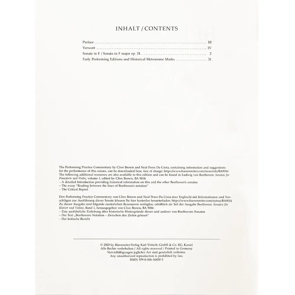 Bärenreiter Beethoven Frühlingssonate op. 24 Noten Violine Klavier Urtext