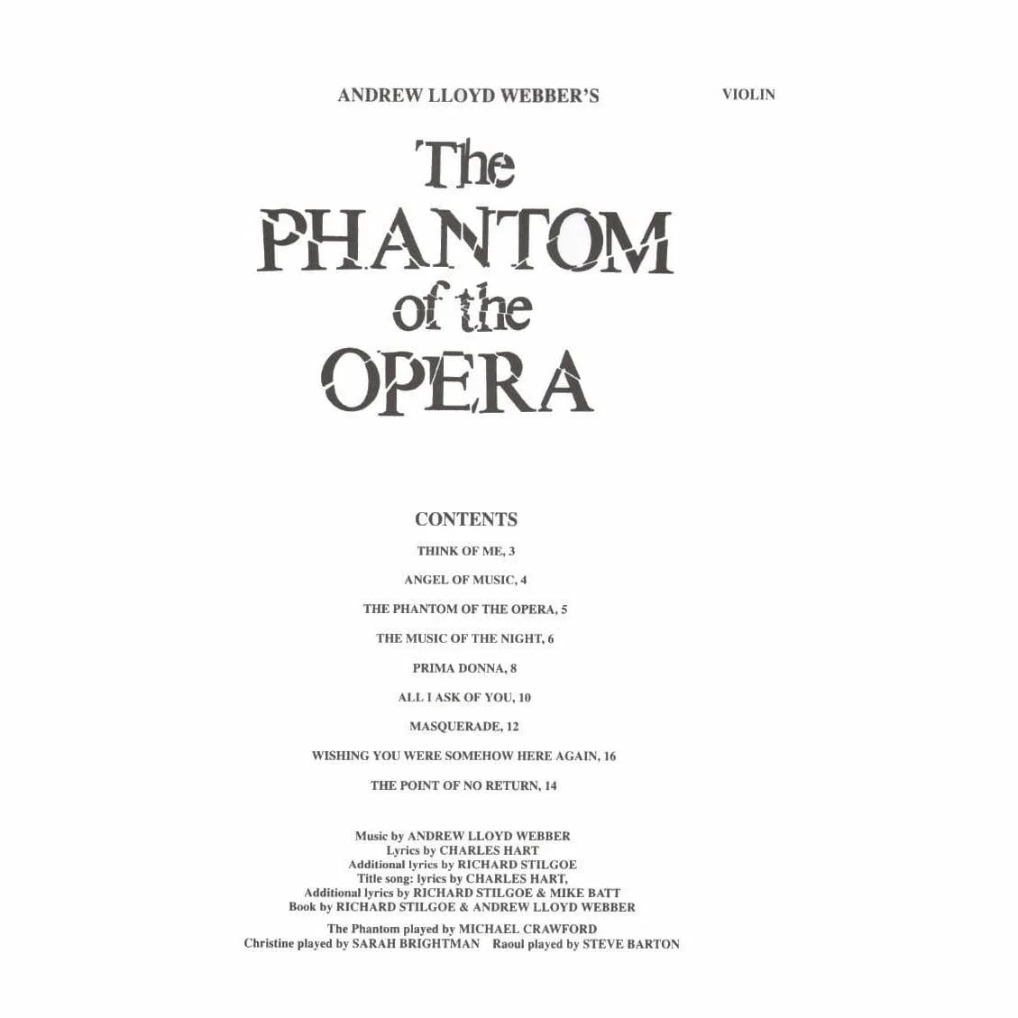Shar Music Phantom der Oper Geigennoten Violine solo