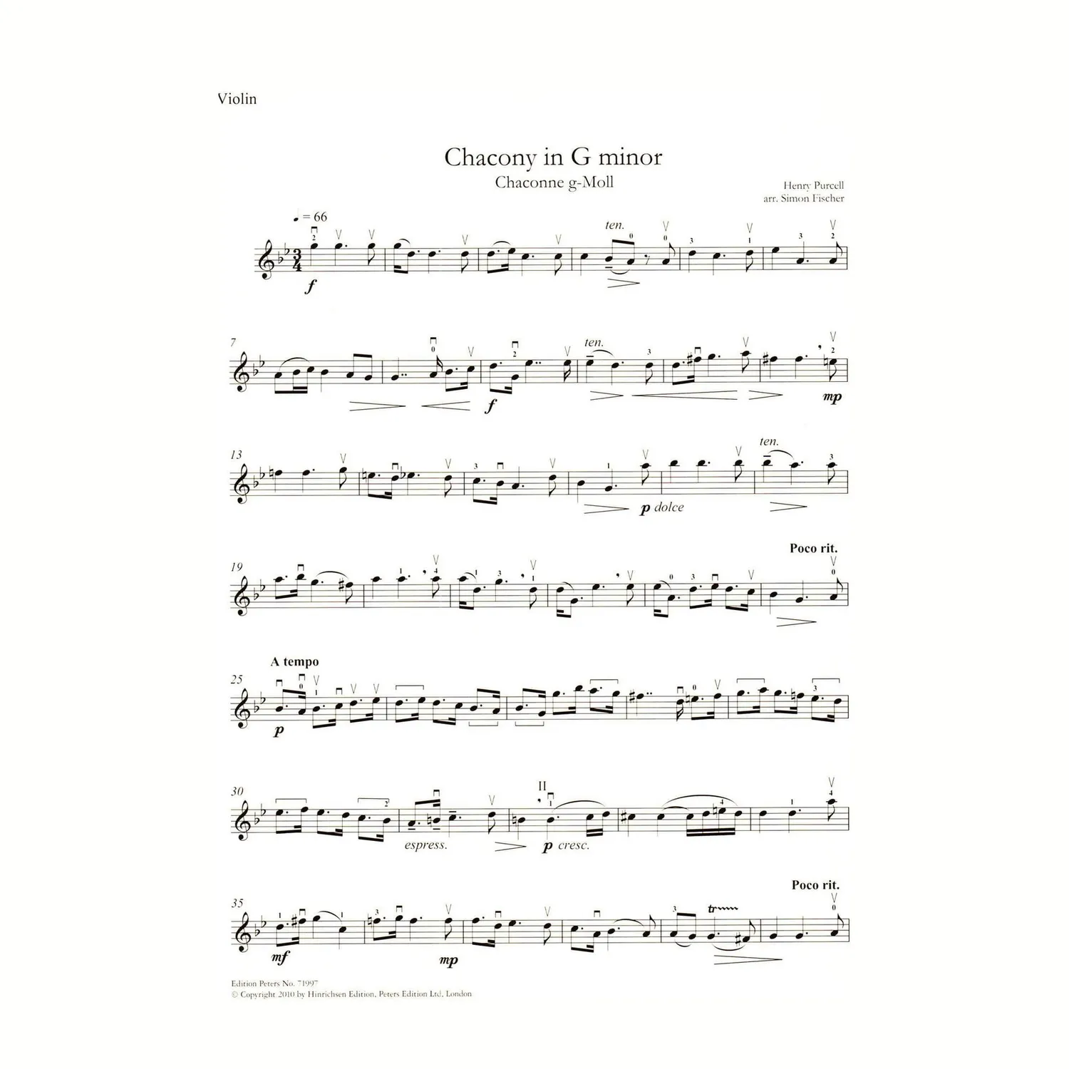 Peters Purcell Chacony g-Moll Geigennoten Klavier
