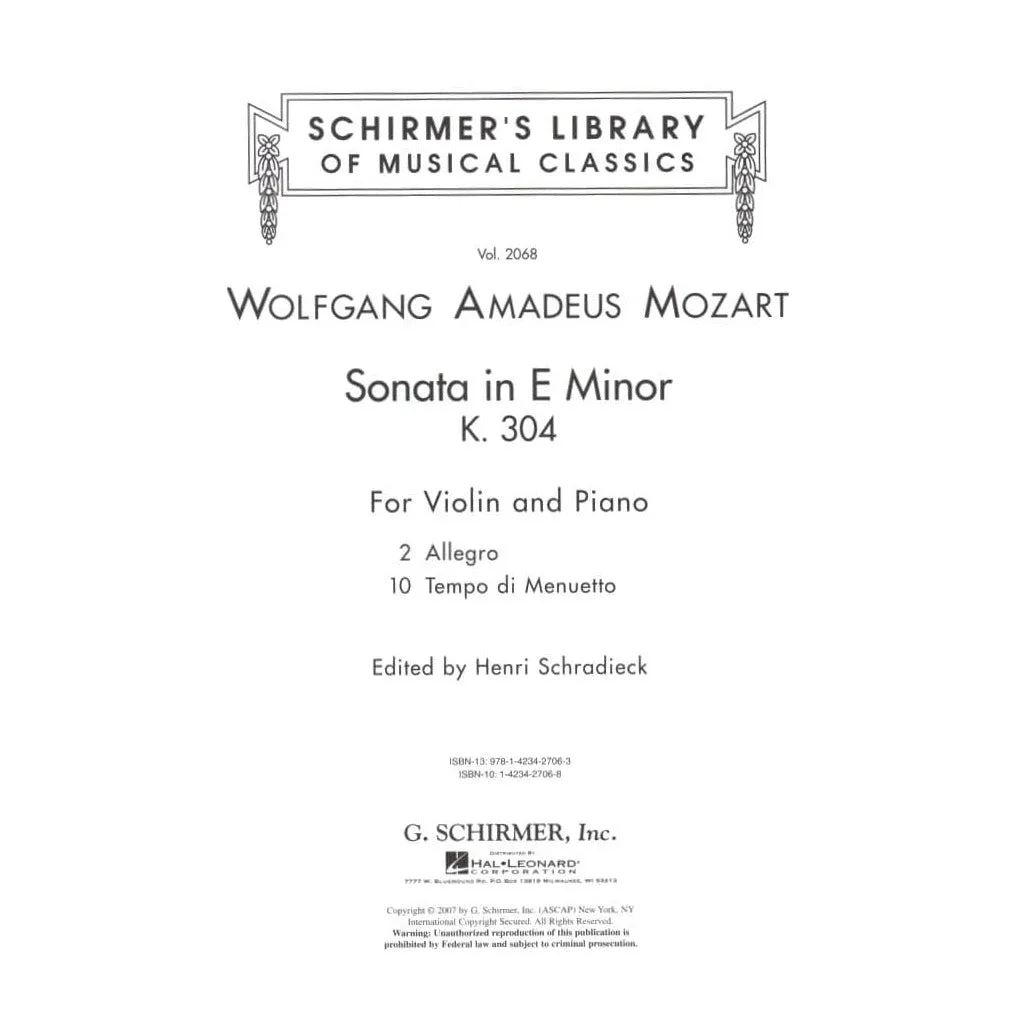 Shar Music Mozart Sonate e-Moll K 304 Violinenoten Violine Klavier