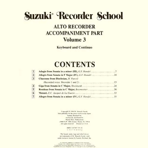 Shar Music Suzuki Recorder School Vol.3 Noten Alt Klavierbegleitung