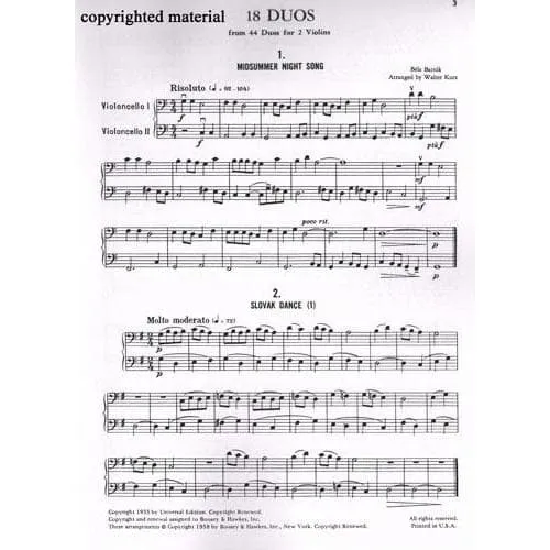 Shar Music Bartok 18 Duos Zwei Celli Noten Arr. Kurz