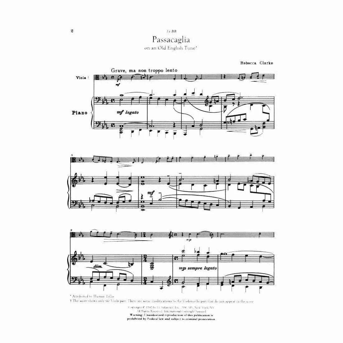 Schirmer Clarke Passacaglia Noten Viola Klavier