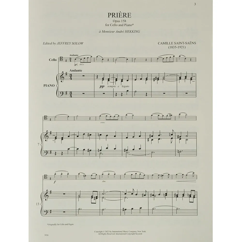 Shar Music Saint-Saens Priere Op.158 Cello Noten für Cello Klavier
