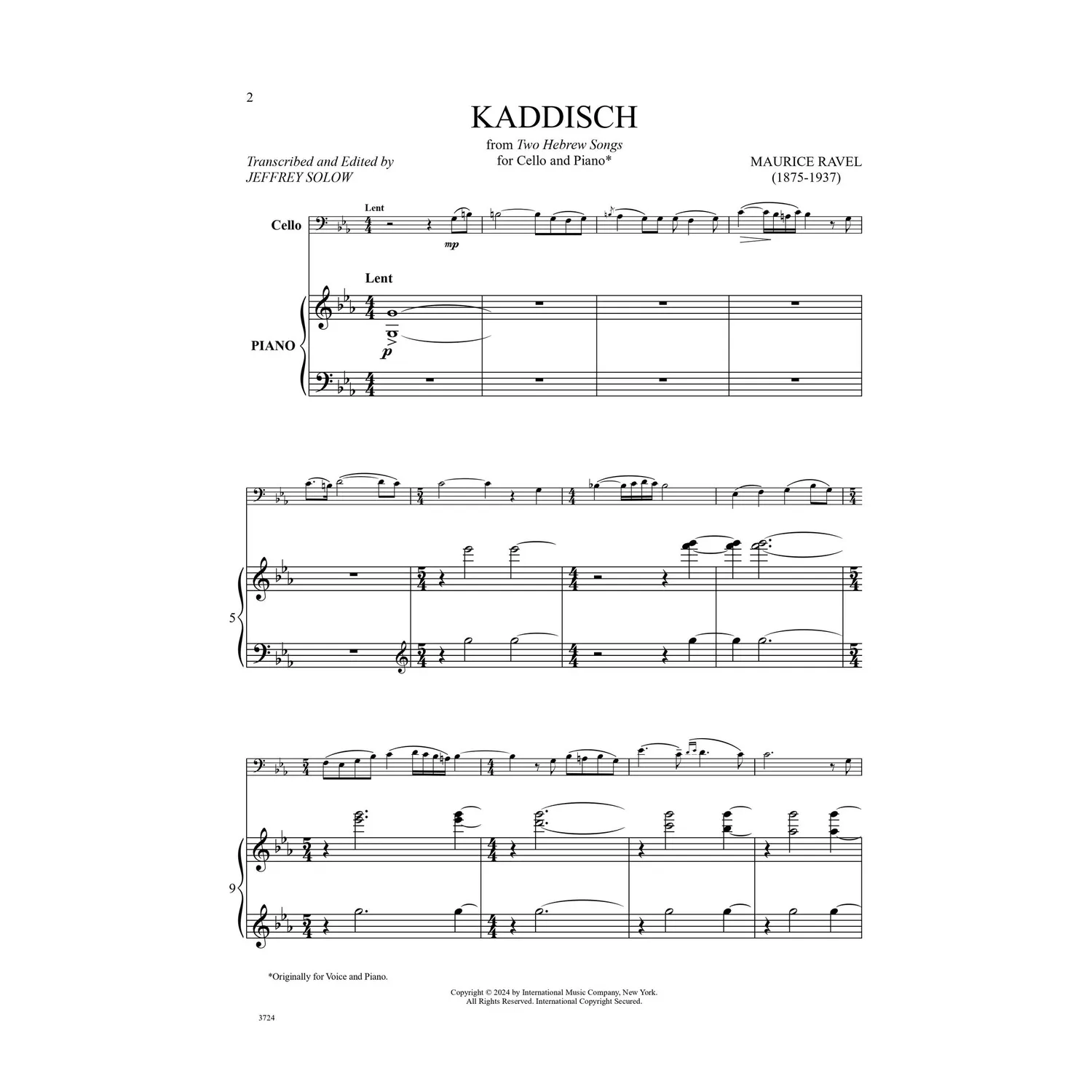 Shar Music Ravel Kaddisch Cello Noten für Cello und Klavier